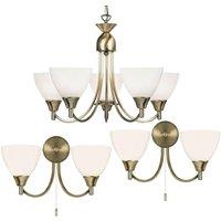 Loops 5 Lamp Ceiling & 2x Twin Wall Light Pack Antique Brass Glass Matching Fittings in Clear