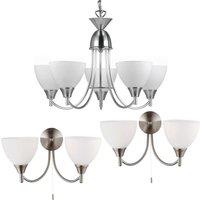 Loops 5 Lamp Ceiling & 2x Twin Wall Light Pack Satin Chrome Glass Matching Fittings in Clear