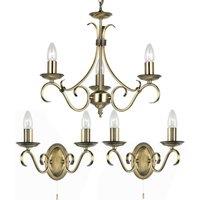 Loops 3 Lamp Ceiling & 2x Twin Wall Light Pack Antique Brass Vintage Matching Fittings in Metallics