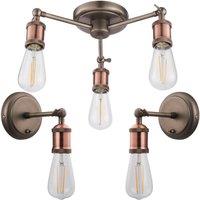 Loops 3 Lamp Ceiling Pendant & 2x Matching Wall Light Pack Tarnished Aged Copper Kit
