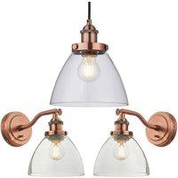 Loops Ceiling Pendant & 2x Matching Wall Light Pack Aged Copper & Clear Glass Shade