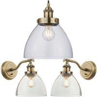 Loops Ceiling Pendant & 2x Matching Wall Light Pack Antique Brass & Clear Glass Shade