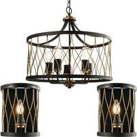 Loops 5 Vintage Bulb Ceiling Lamp & 2x Matching Wall Light Bronze & Black Metal Cage