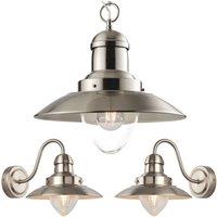 Loops Hanging Ceiling Pendant Lamp & 2x Matching Wall Light Industrial Satin Nickel in Metallics