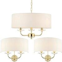 Loops 3 Bulb Ceiling Pendant Lamp & 2x Matching Twin Wall Light Modern Brass Plate in Metallics