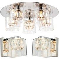 Loops 5 Bulb Ceiling Lamp & 2x Matching Wall Mount Light Round Chrome & Crystal Glass in Clear