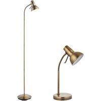 Loops Standing Floor & Table Lamp Set Antique Brass Adjustable Neck Living Room Light in Metallics