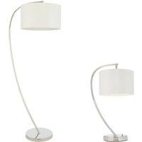Loops Standing Floor & Table Lamp Set Bright Nickel & White Shade Curved Stem Light in Metallics