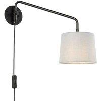 Loops Adjustable Swing Arm Wall Light Matt Black & Grey Fabric Shade Mains Plug in