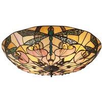 Loops Tiffany Glass Semi Flush Ceiling Light Dragonfly Round Inverted Shade i00032 in Clear