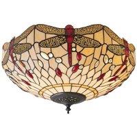 Loops Tiffany Glass Semi Flush Ceiling Light Dragonfly Round Inverted Shade i00043 in Clear