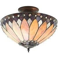 Loops Tiffany Glass Semi Flush Ceiling Light Cream Bronze Round Inverted Shade i00158 in Clear