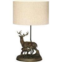 Loops Table Lamp Stag & Fawn Statuette Natural Hessian Shade Bronze Patina LED E27 40w