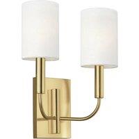 Loops Twin Wall Light White Linen Cylindrical Shades Burnished Brass LED E14 60W