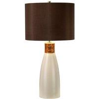 Loops Table Lamp Brown Leather Brass Strap Brown Faux Silk Cylinder Shade LED E27 60W