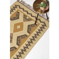 Homescapes Ravar Brown & Gold Kilim Wool Rug | Size: 90 cm x 150 cm