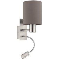 Loops Wall Light Satin Nickel Shade Anthracite Brown Fabric Bulb E27 LED 1x40W 1x3.5W in Metallics