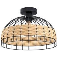 Loops Semi Flush Ceiling Light Black & Wicker Round Shade 1 x 60W E27 Bulb Feature
