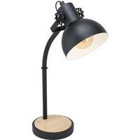 Loops Curved Table Lamp Desk Light Black Steel Shade & Wood Base 1 x 28W E27 Bulb