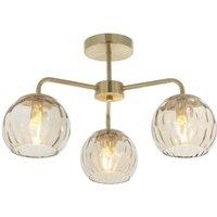 Loops Semi Flush Ceiling Light - Satin Brass & Champagne Lustre Glass - 3 x 25W E14 in Clear