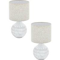 Loops 2 PACK Table Lamp White Patterned Base Shade Light Brown Fabric Linen E27 1x40W