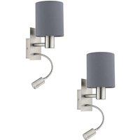 Loops 2 PACK Wall Light Colour Satin Nickel Shade Grey Fabric E27 LED 1x40W 1x3.5W in Metallics