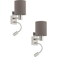 Loops 2 PACK Wall Light Satin Nickel Shade Anthracite Brown Fabric E27 40W LED 3.5W in Metallics