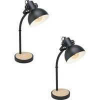Loops 2 PACK Curved Table Lamp Desk Light Black Steel Shade & Wood Base 1x 28W E27