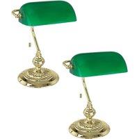 Loops 2 PACK Table Lamp Colour Brass Shade Green Glass Painted Pull Switch E27 1x60W