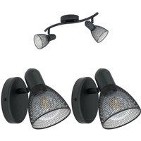 Loops Twin Ceiling Spot Light & 2x Matching Wall Lights Black Mesh Adjustable Head