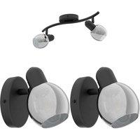 Loops Twin Ceiling Spot Light & 2x Matching Wall Lights Black Vaporized Glass Moving
