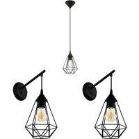 Loops Ceiling Pendant Light & 2x Matching Wall Lights Black Geometric Wire Cage Lamp