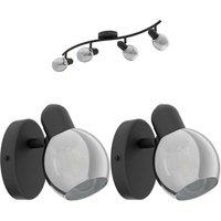 Loops Quad Ceiling Spot Light & 2x Matching Wall Lights Black Vaporized Glass Shade