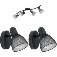 Loops Quad Ceiling Spot Light & 2x Matching Wall Lights Black Mesh Adjusatble Head