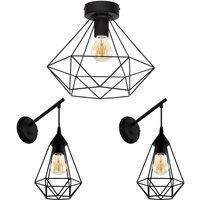 Loops Low Ceiling Light & 2x Matching Wall Lights Black Geometric Wire Cage Shade