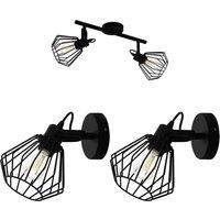 Loops Twin Ceiling Spot Light & 2x Matching Wall Lights Black Geometric Cage Head