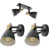 Loops Twin Ceiling Spot Light & 2x Matching Wall Lights Black & Wood Shade Moving Head