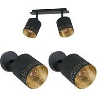 Loops Twin Ceiling Spot Light & 2x Matching Wall Lights Black & Gold Shade Moving Head