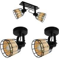 Loops Twin Ceiling Spot Light & 2x Matching Wall Lights Black Wicker Shade Moving Head