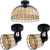 Loops Low Ceiling Light & 2x Matching Wall Lights Black & Wicker Wood Cage Shade