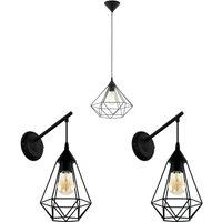 Loops Ceiling Pendant Light & 2x Matching Wall Lights Black Geometric Cage Wire Lamp