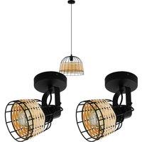 Loops Ceiling Pendant Light & 2x Matching Wall Lights Black Wire & Wicker Wood Lamp