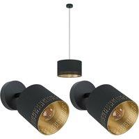 Loops Ceiling Pendant Light & 2x Matching Wall Lights Black & Gold Patern Modern Shade