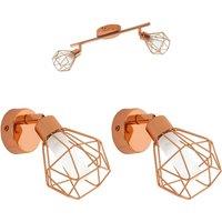 Loops Twin Ceiling Spot Light & 2x Matching Wall Lights Copper Geometric Wire Cage