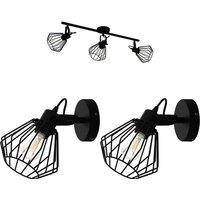 Loops Ceiling Spot Light & 2x Matching Wall Lights Black Wire Cage Adjustable Lamp