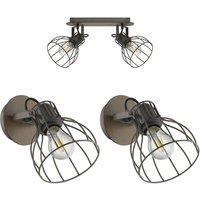 Loops Twin Ceiling Spot Light & 2x Matching Wall Lights Black Industrial Wire Shade