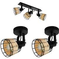 Loops Ceiling Spot Light & 2x Matching Wall Lights Black & Wicker Adjustable Shade