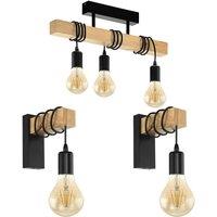 Loops Ceiling Spot Light & 2x Matching Wall Lights Black & Wood Trendy Hanging Lamp