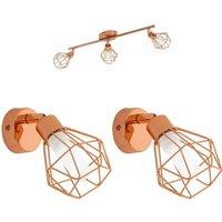 Loops Ceiling Spot Light & 2x Matching Wall Lights Copper Geometric Wire Cage Shade
