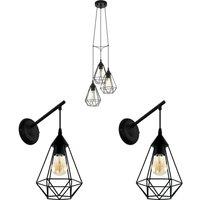 Loops Ceiling Pendant Light & 2x Matching Wall Lights Black Wire Cage Hanging Lamp
